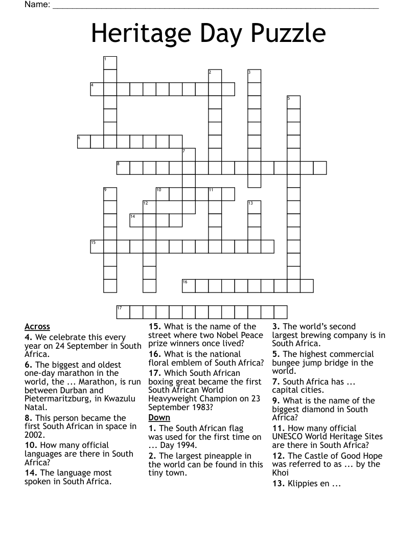 Heritage Day Puzzle Crossword