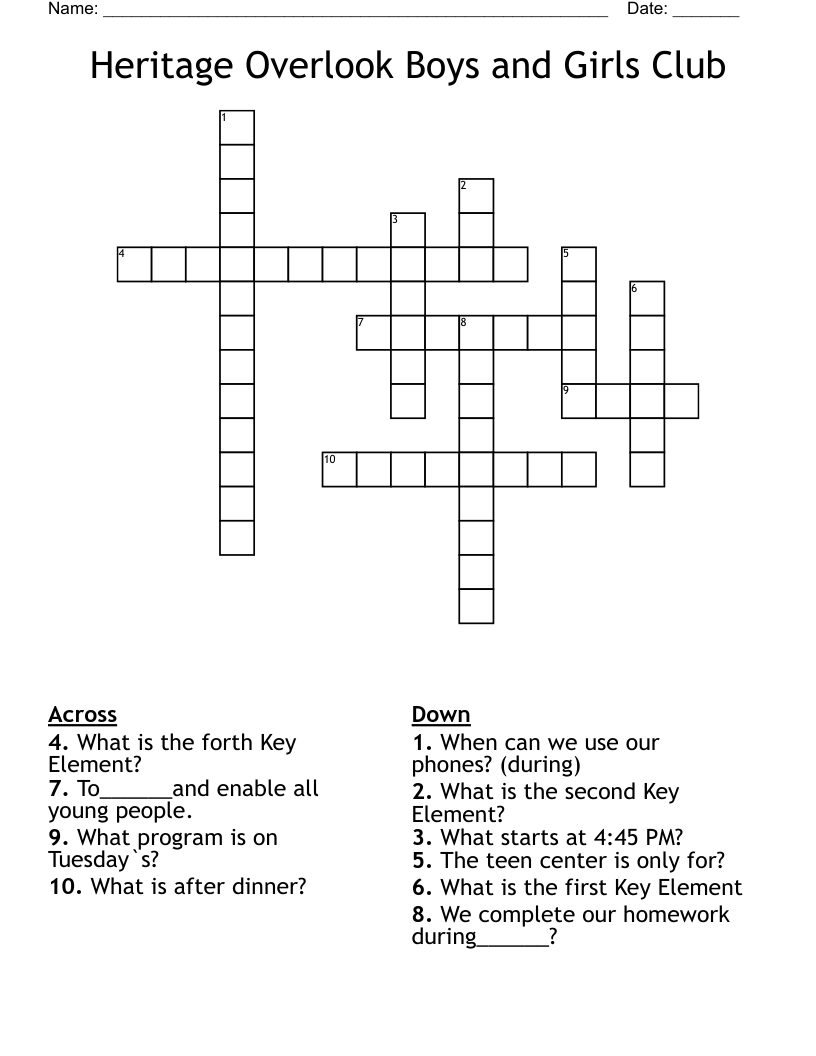 Heritage Overlook Boys and Girls Club  Crossword