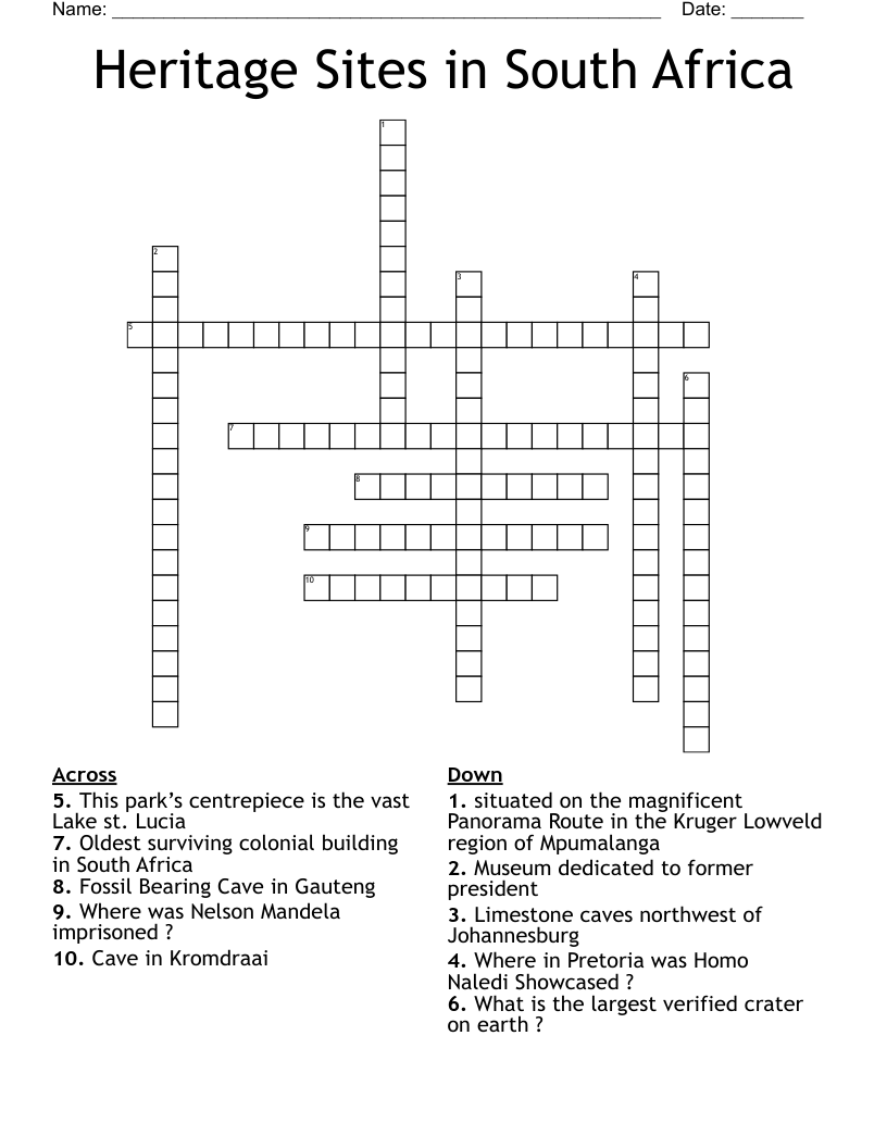 Heritage Sites in South Africa Crossword