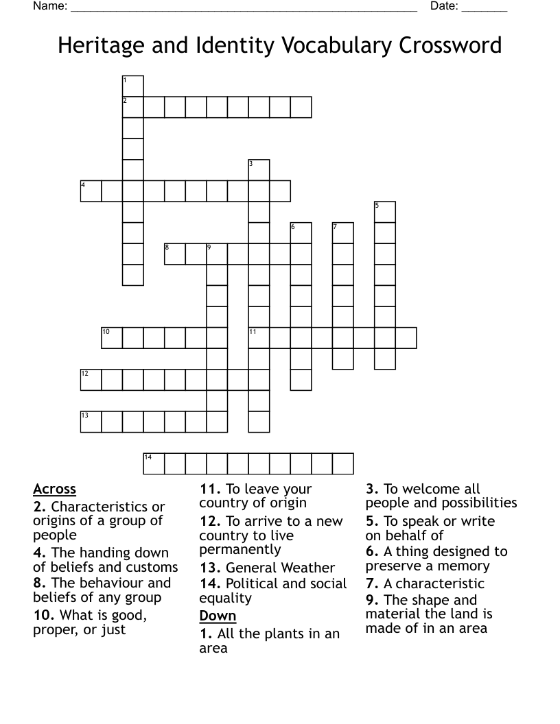 Heritage and Identity Vocabulary Crossword