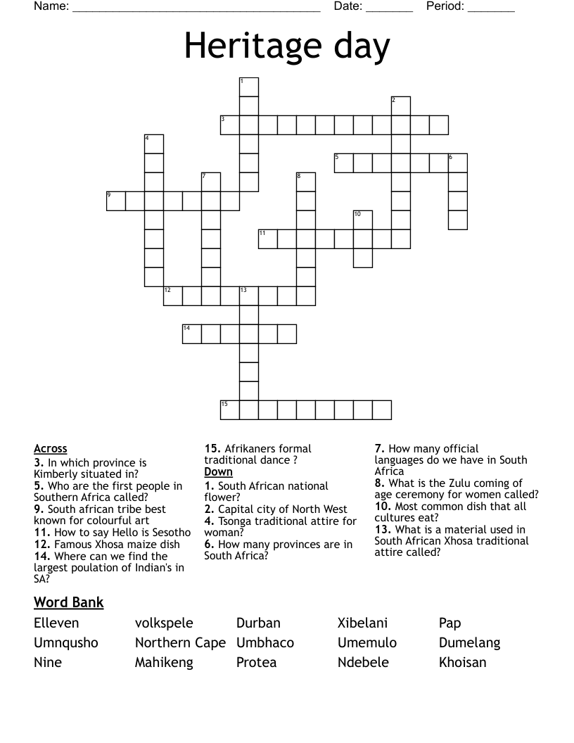 Heritage day Crossword