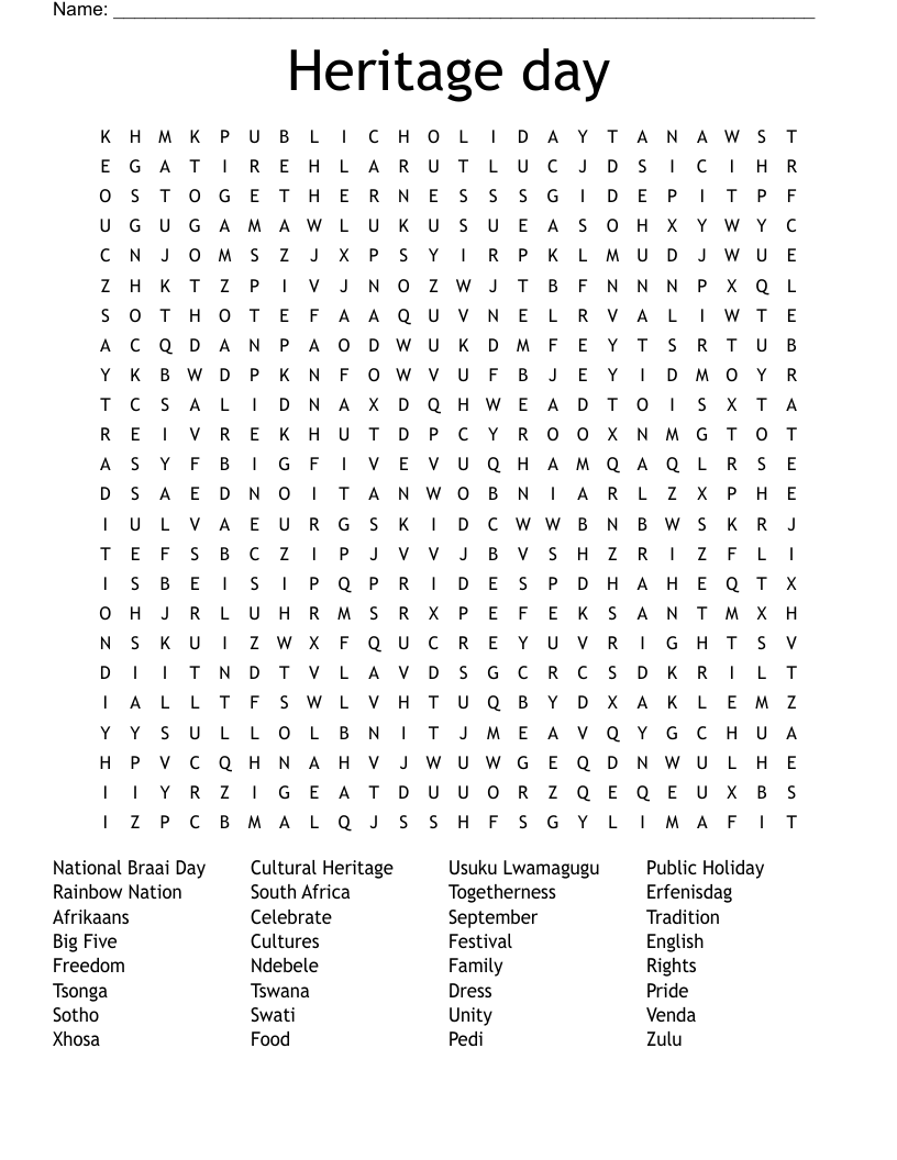 Heritage day Word Search