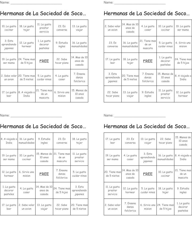 Hermanas de La Sociedad de Socorro Bingo Cards