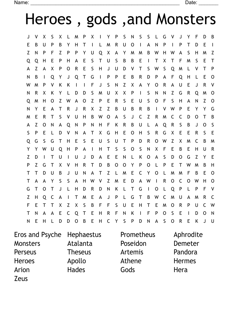 Heroes , gods ,and Monsters Word Search