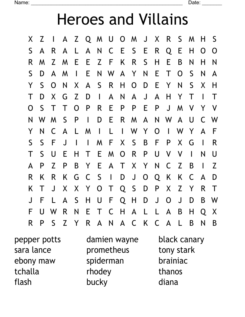 Heroes and Villains Word Search