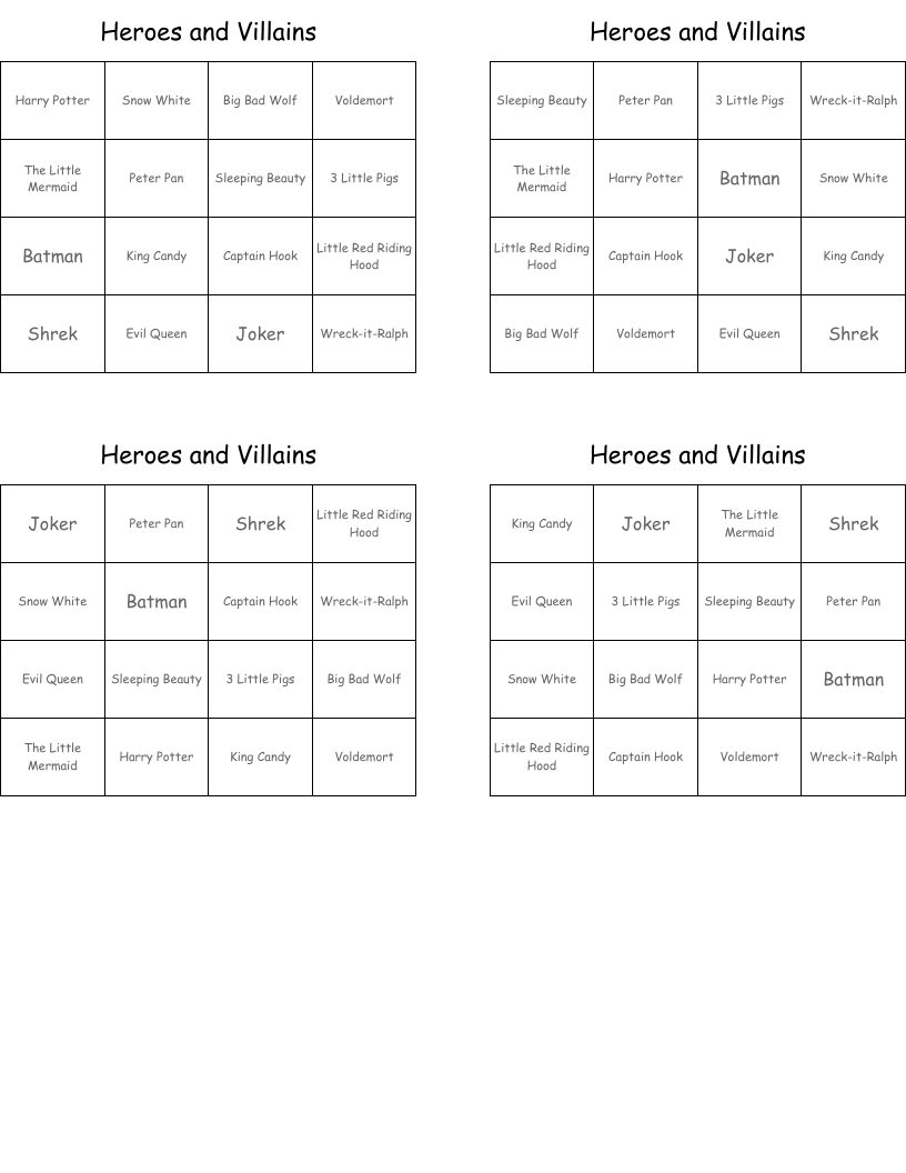 Heroes and Villains Bingo Cards