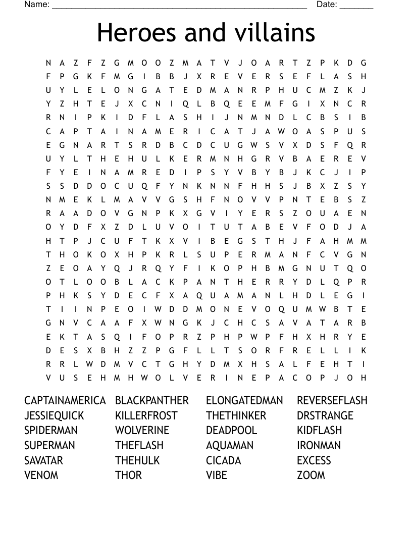 Heroes and villains Word Search