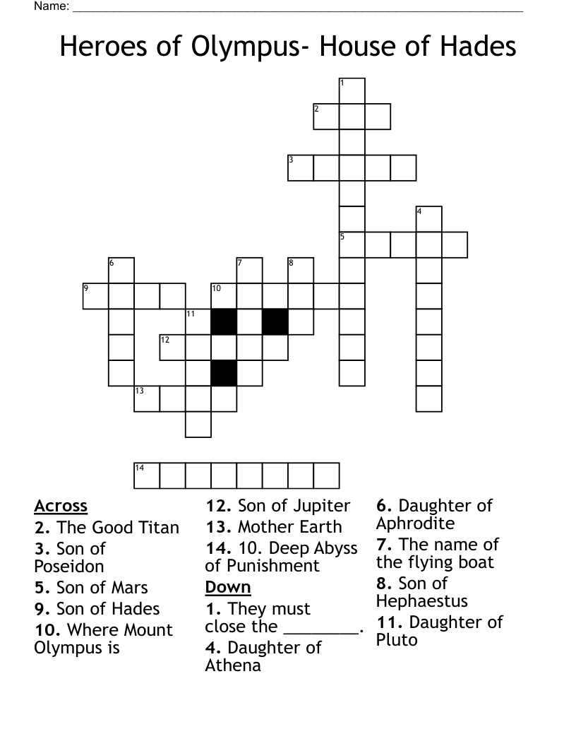 Heroes of Olympus- House of Hades Crossword