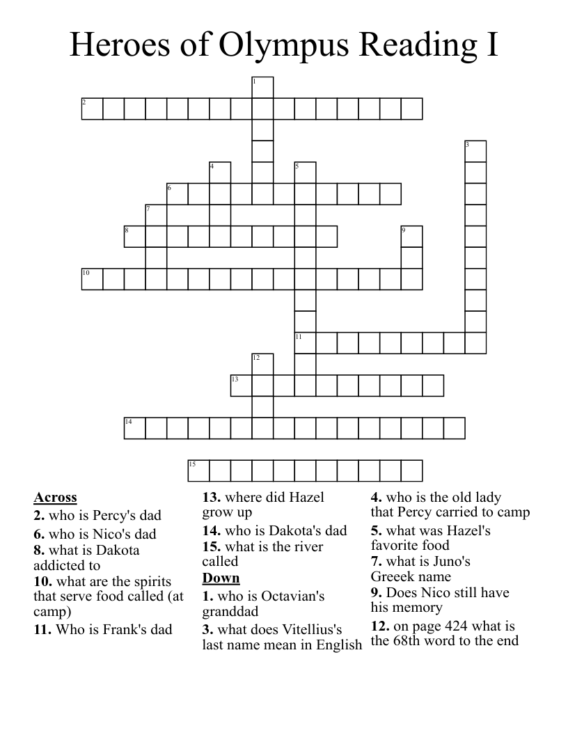 Heroes of Olympus Reading I Crossword