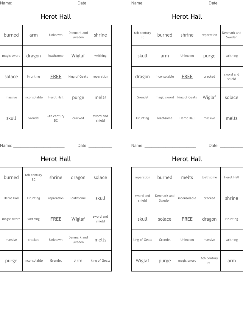 Herot Hall Bingo Cards