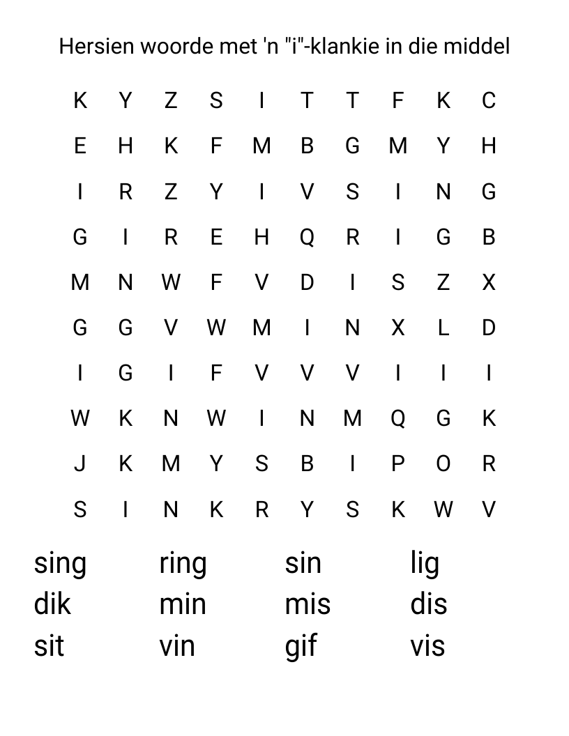 Hersien woorde met 'n "i"-klankie in die middel Word Search