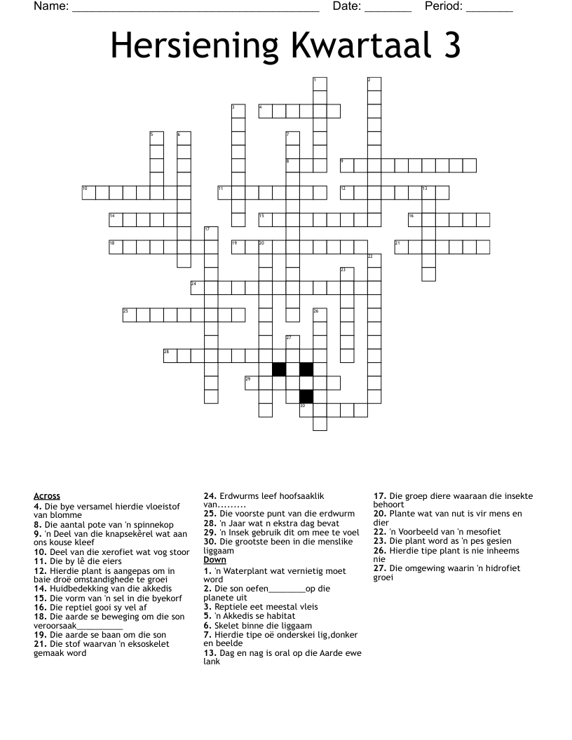 Hersiening Kwartaal 3 Crossword