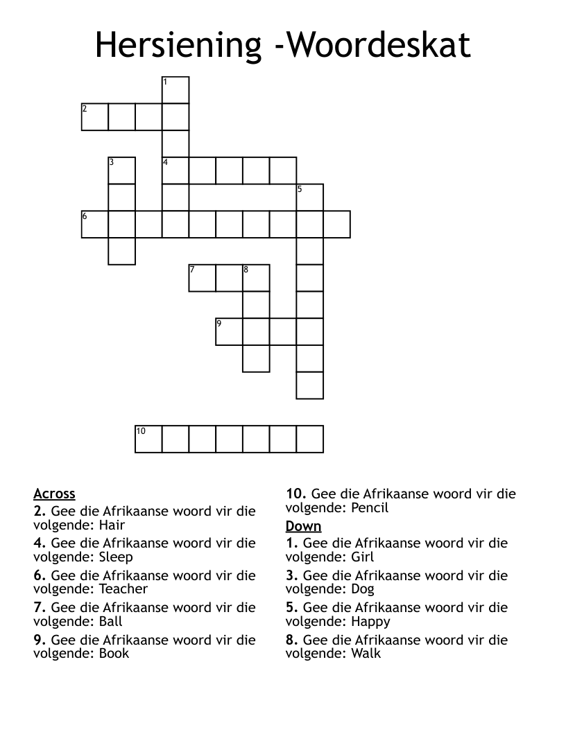 Hersiening -Woordeskat Crossword