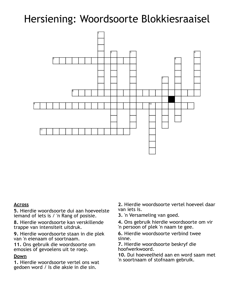 Hersiening: Woordsoorte Blokkiesraaisel Crossword