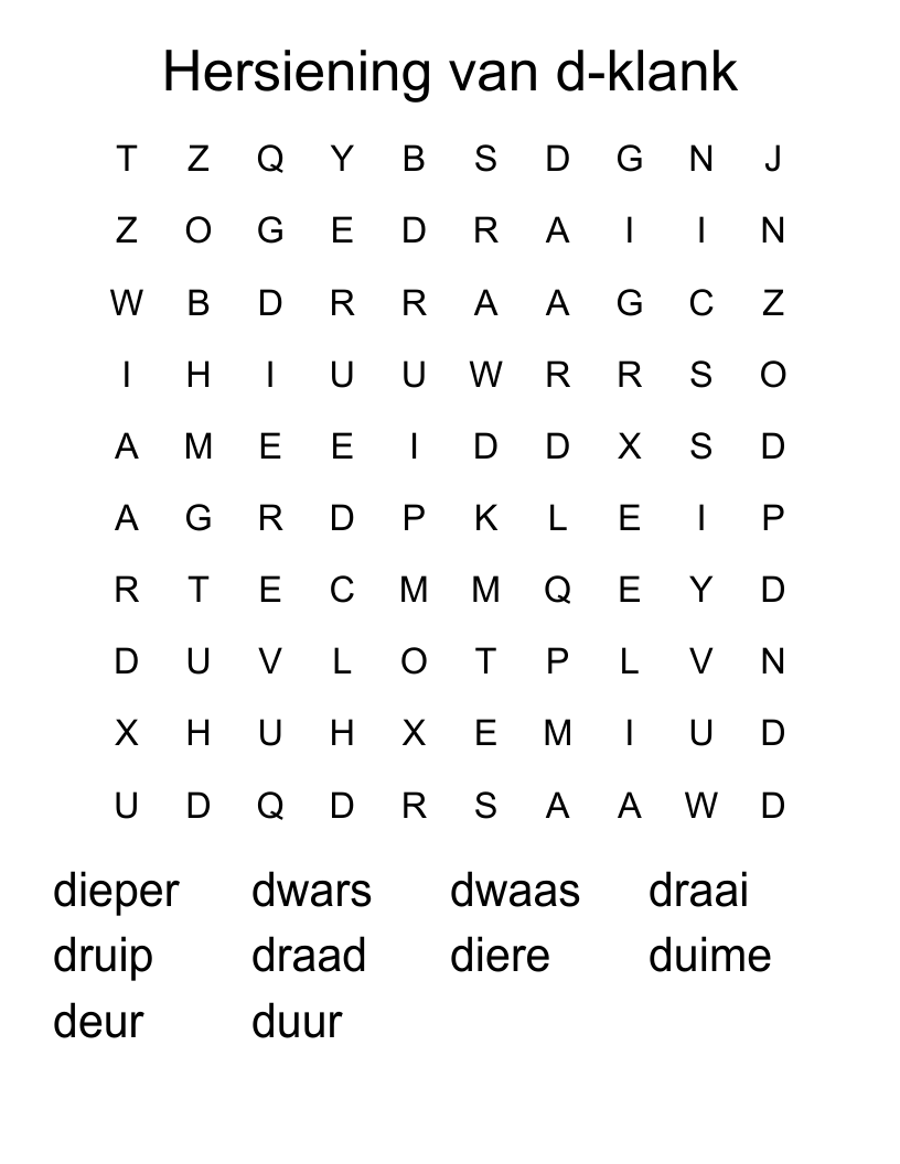 Hersiening van d-klank Word Search