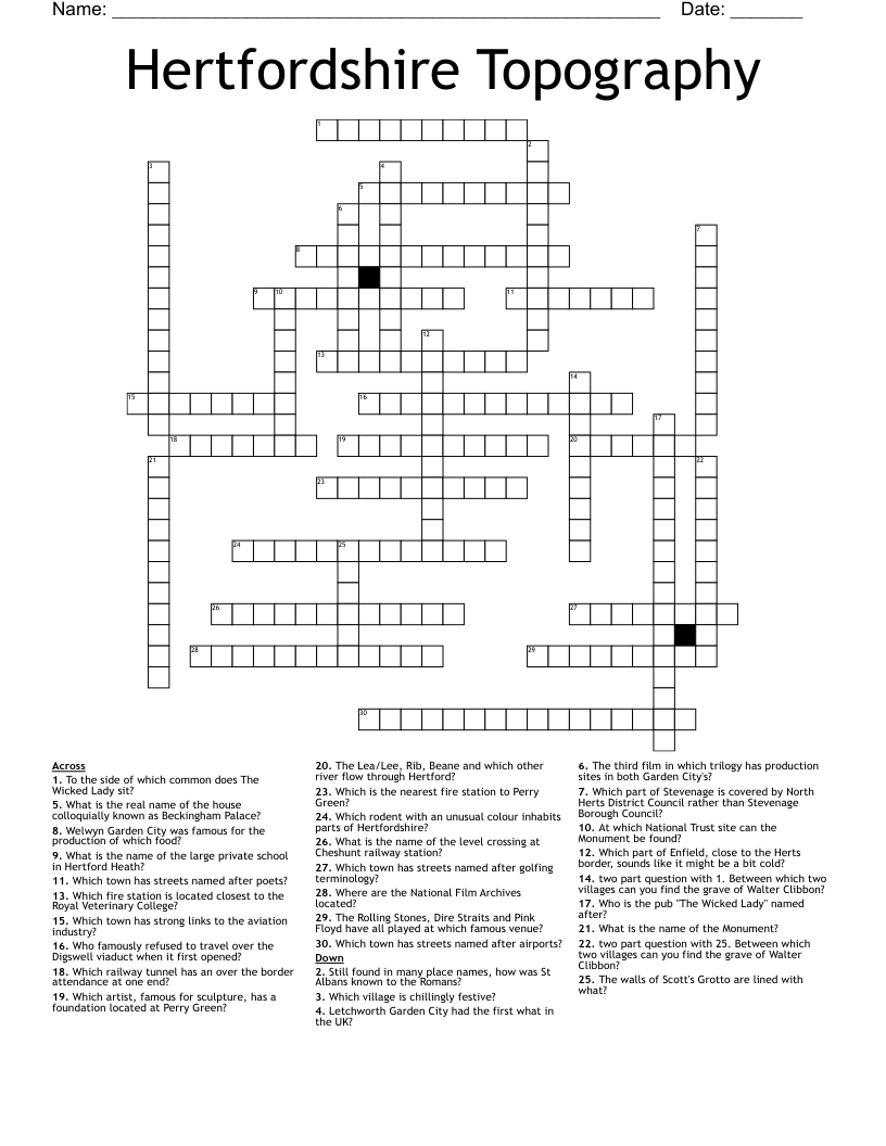 Hertfordshire Topography Crossword