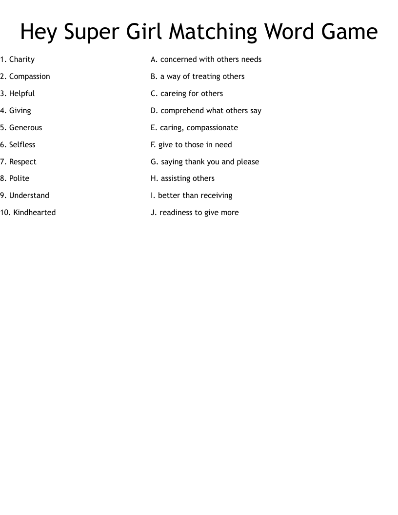 Hey Super Girl Matching Word Game Worksheet