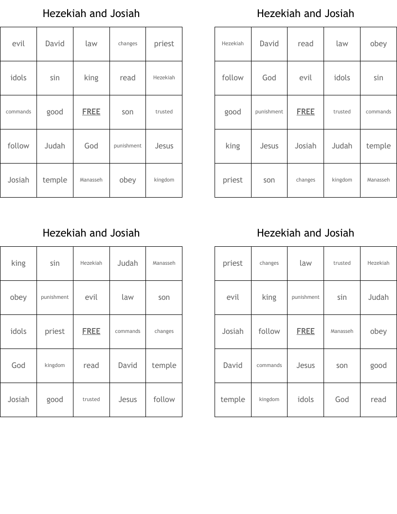 Hezekiah and Josiah Bingo Cards
