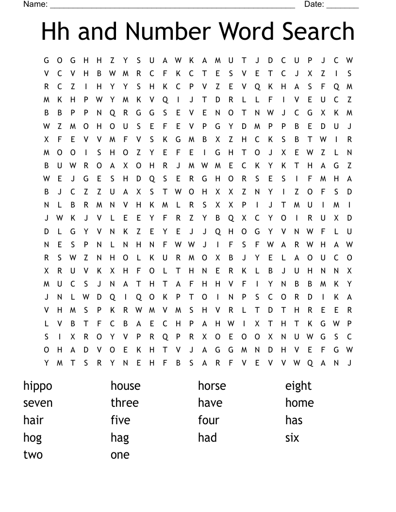 Hh and Number Word Search