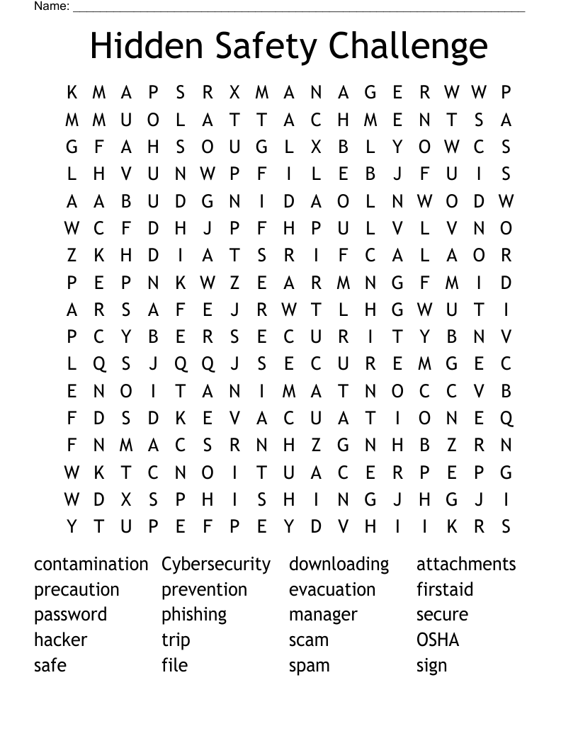 Hidden Safety Challenge Word Search