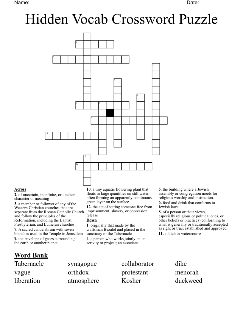 Hidden Vocab Crossword Puzzle