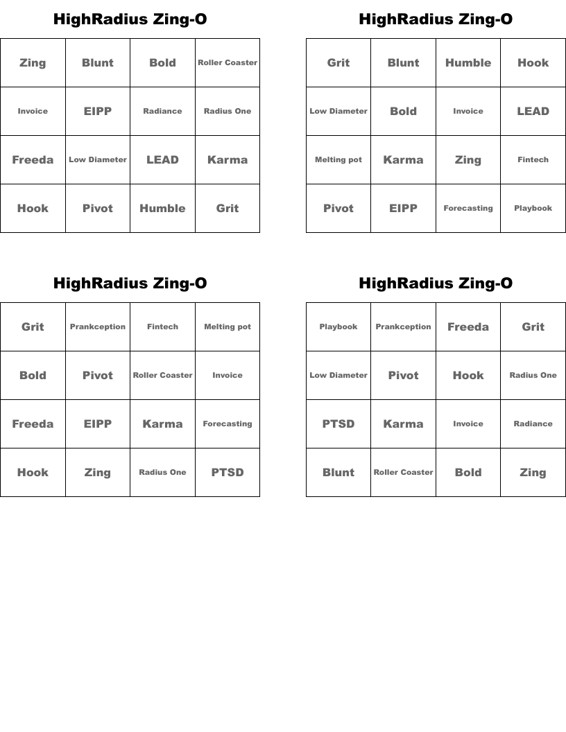 HighRadius Zing-O Bingo Cards