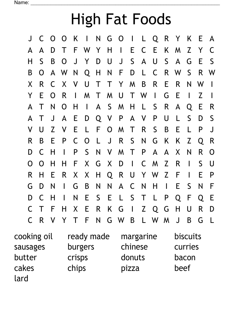High Fat Foods  Word Search