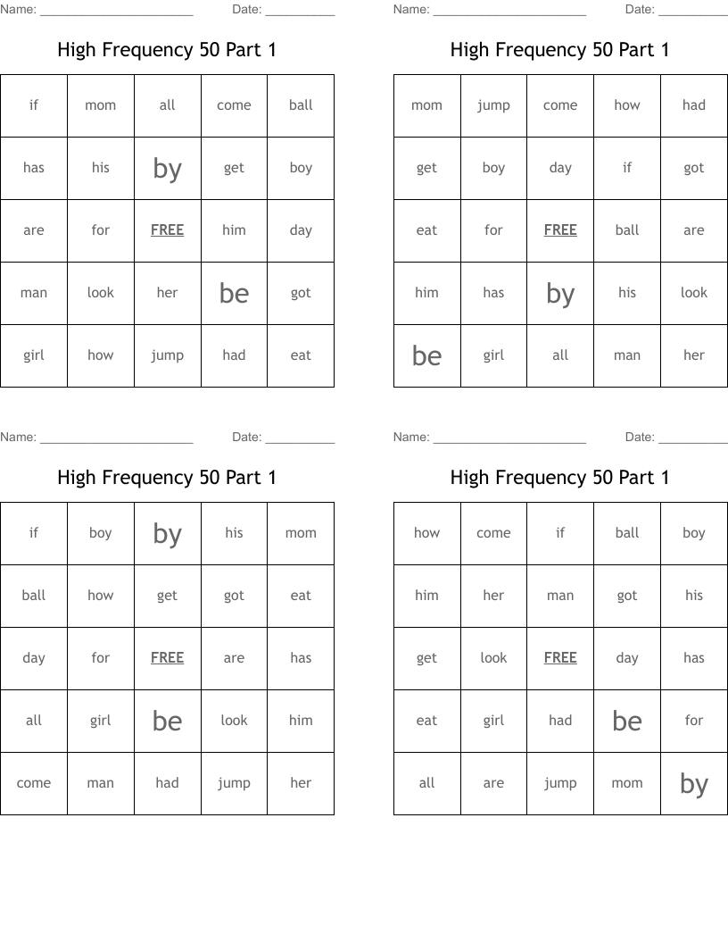 High Frequency 50  Part 1 Bingo Cards