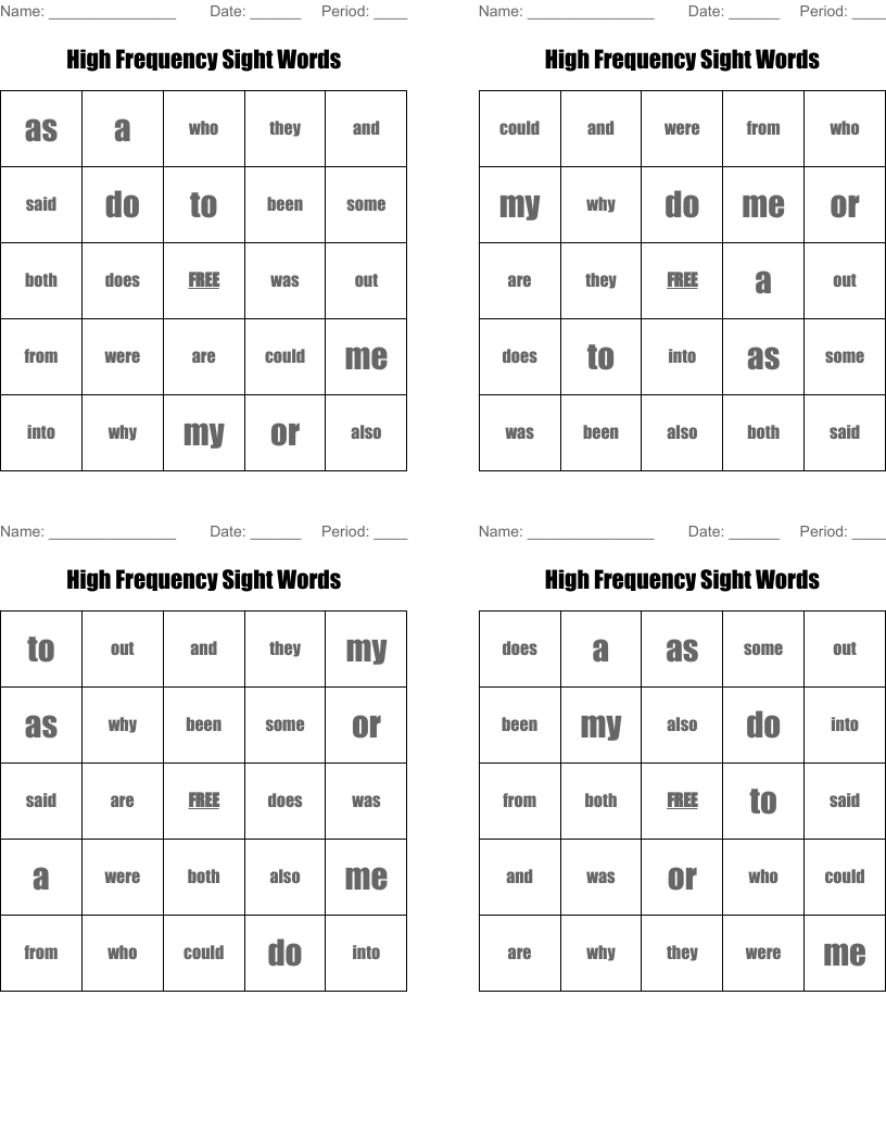 High Frequency Sight Words Bingo Cards