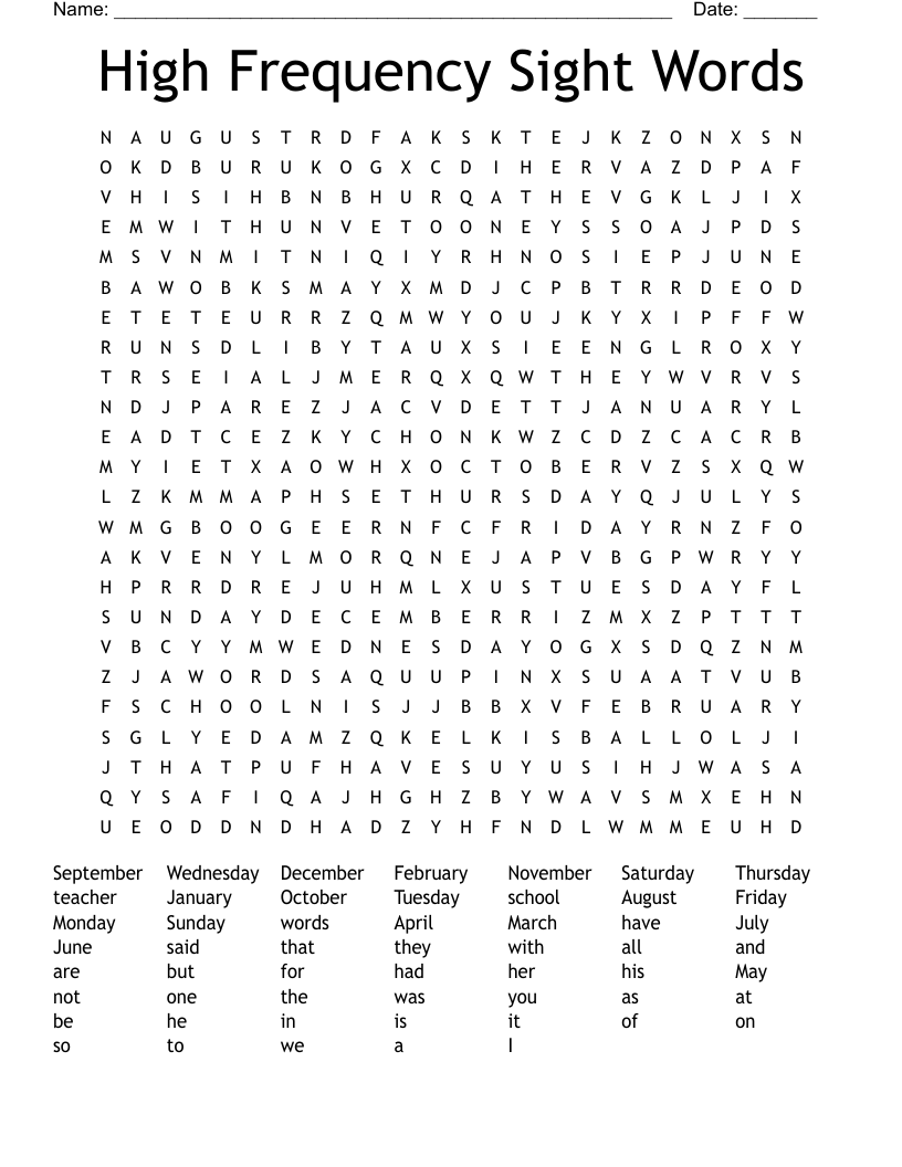High Frequency Sight Words Word Search