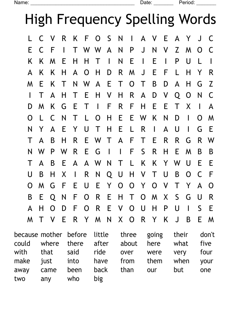 High Frequency Spelling Words Word Search
