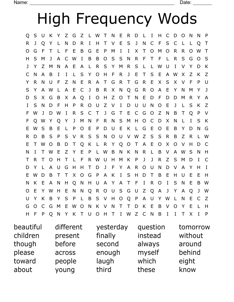 High Frequency Wods Word Search