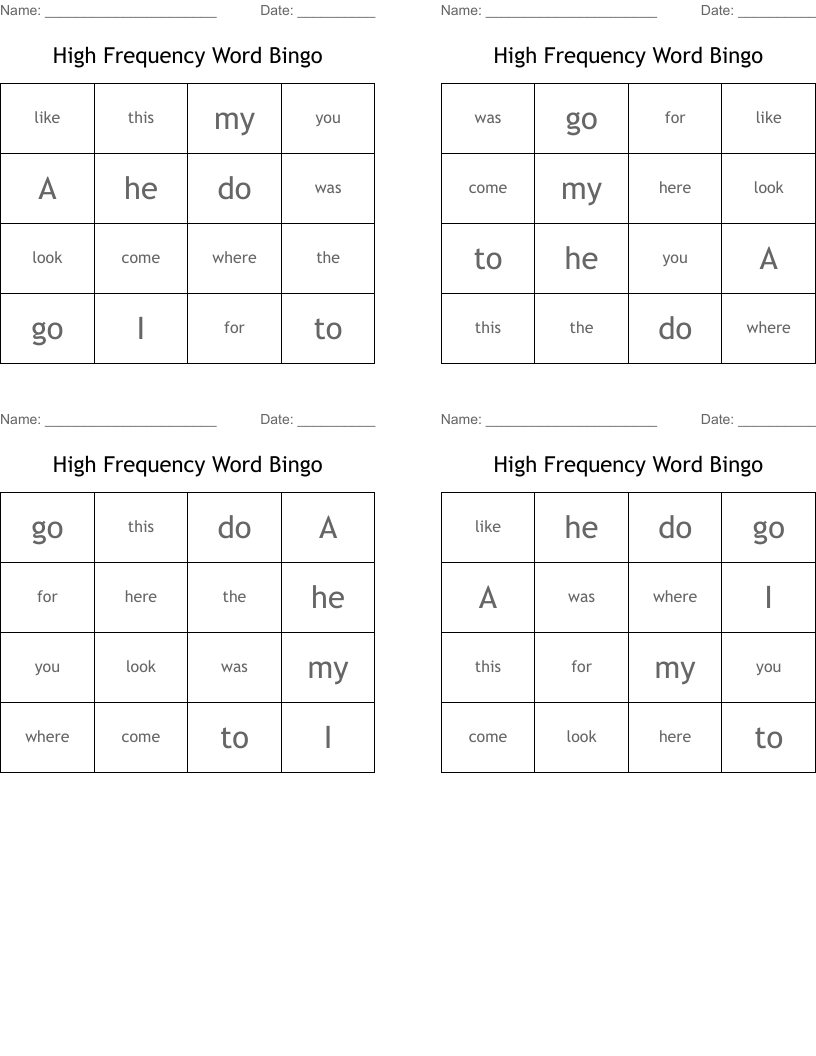 High Frequency Word Bingo