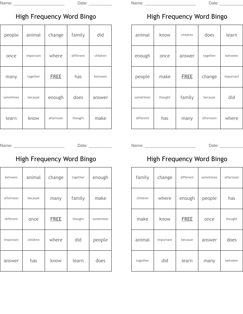 High Frequency Word Bingo