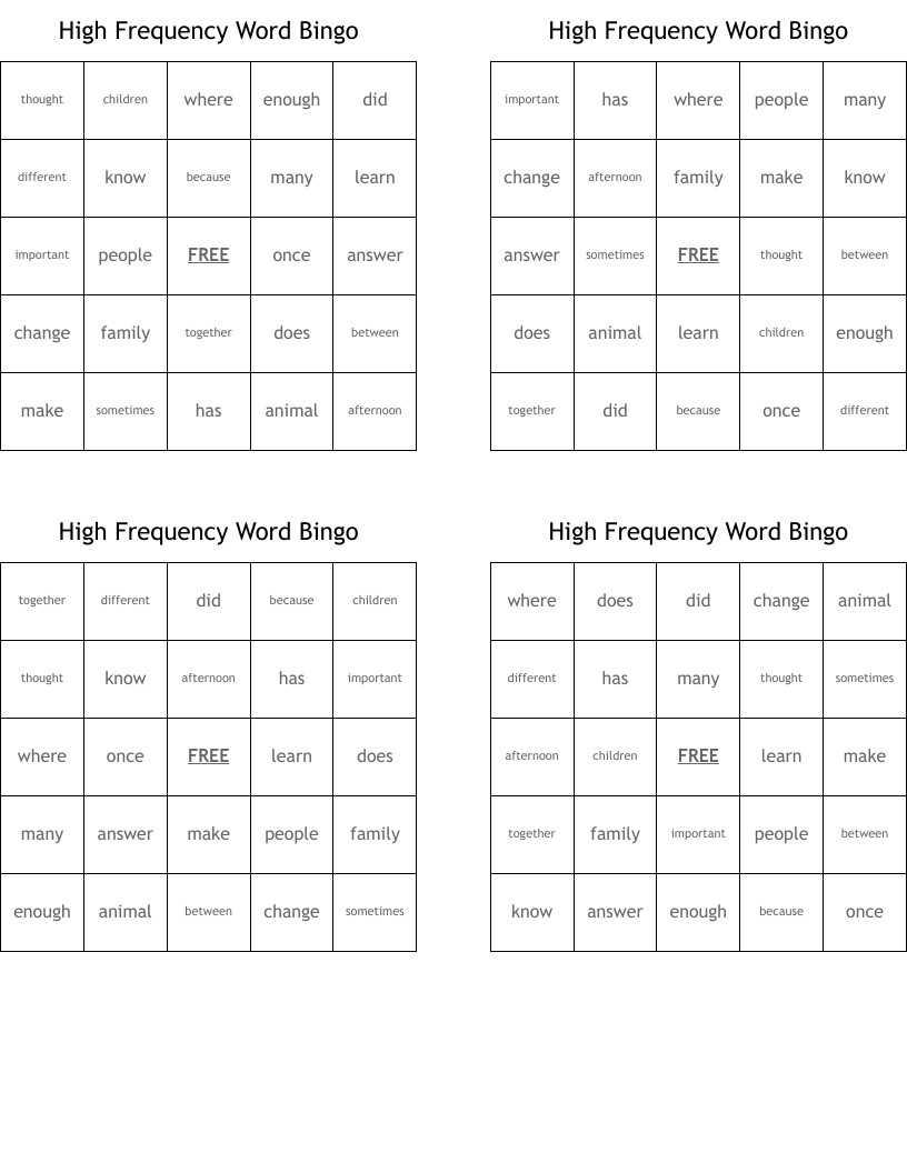 High Frequency Word Bingo