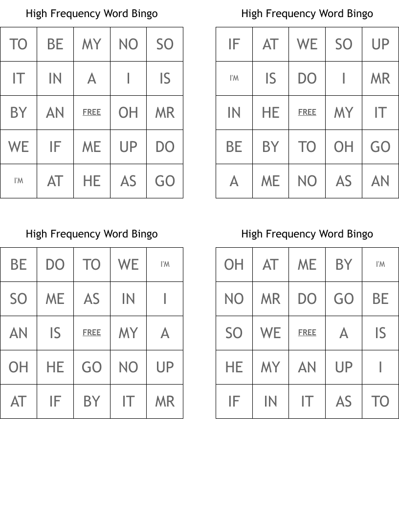 High Frequency Word Bingo