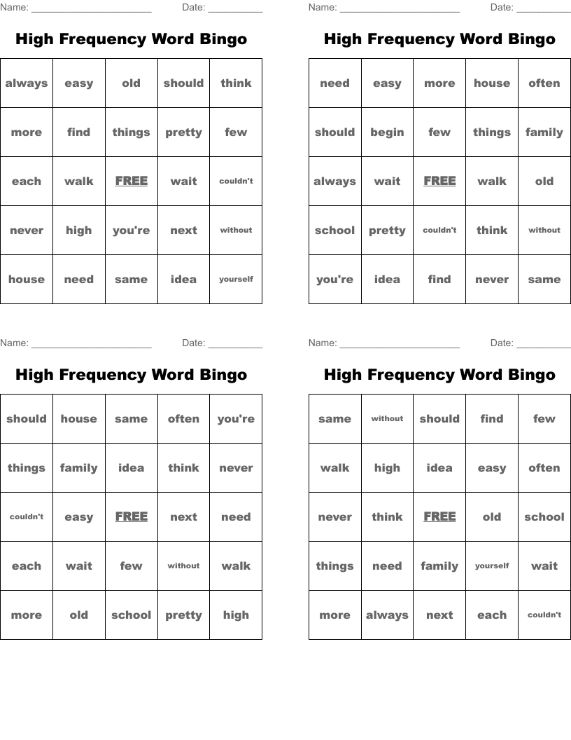 High Frequency Word Bingo 