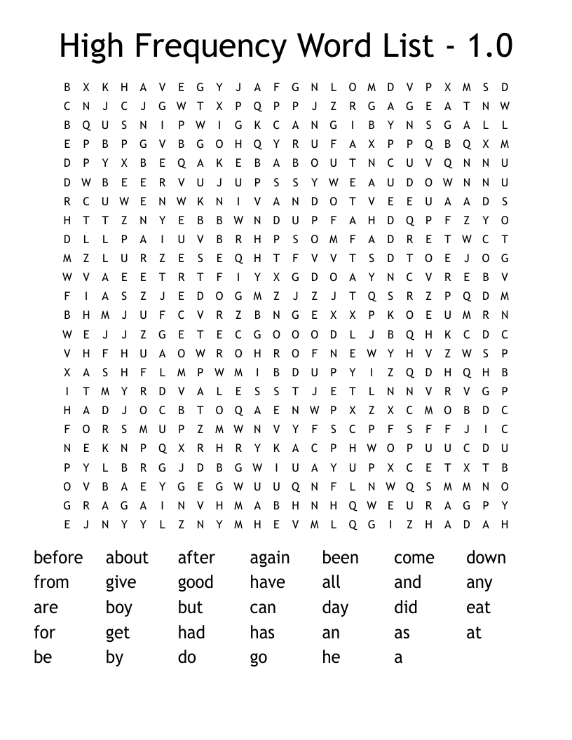 High Frequency Word List - 1.0 Word Search