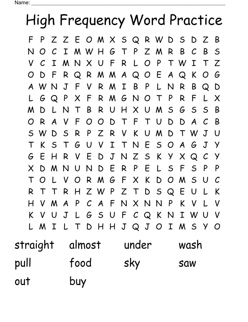 High Frequency Word Practice Word Search