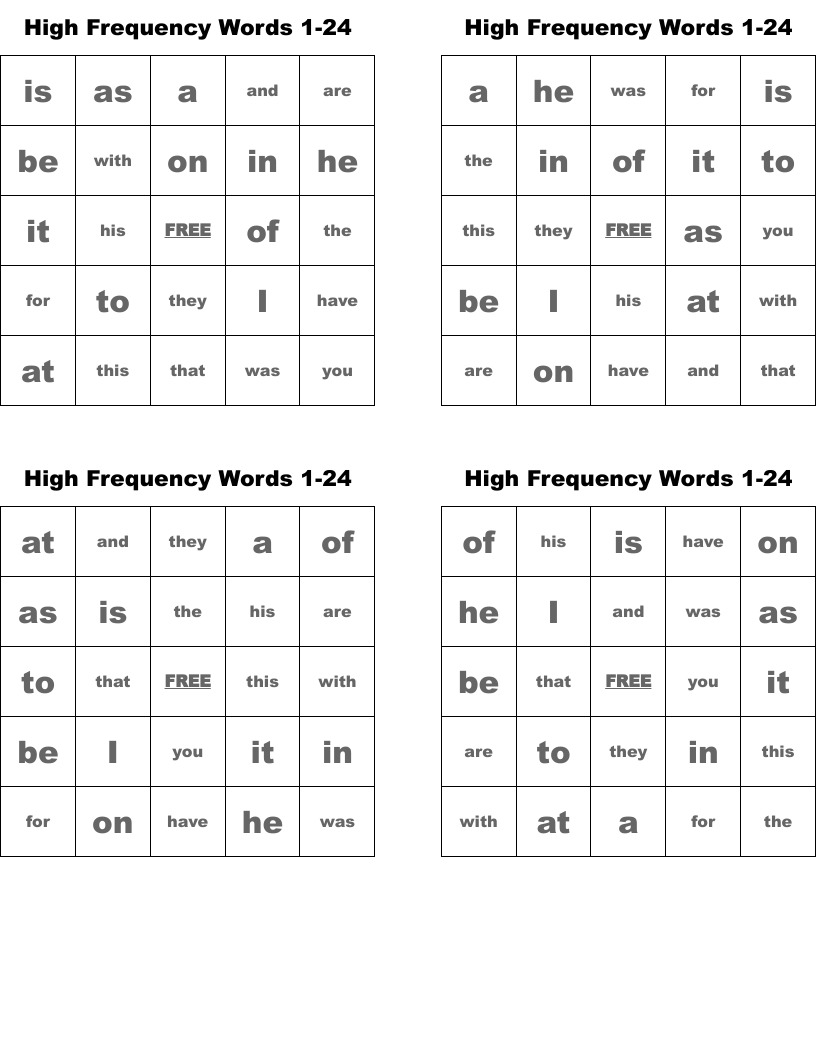 High Frequency Words 1-24 Bingo Cards