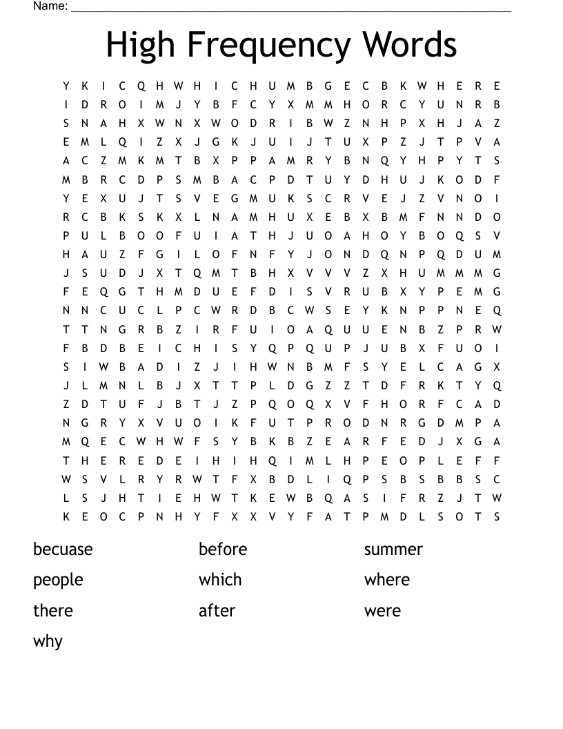 High Frequency Words Word Search