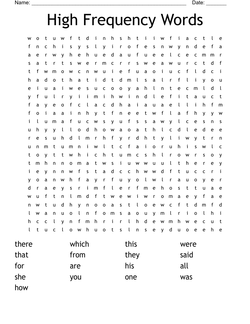 High Frequency Words Word Search