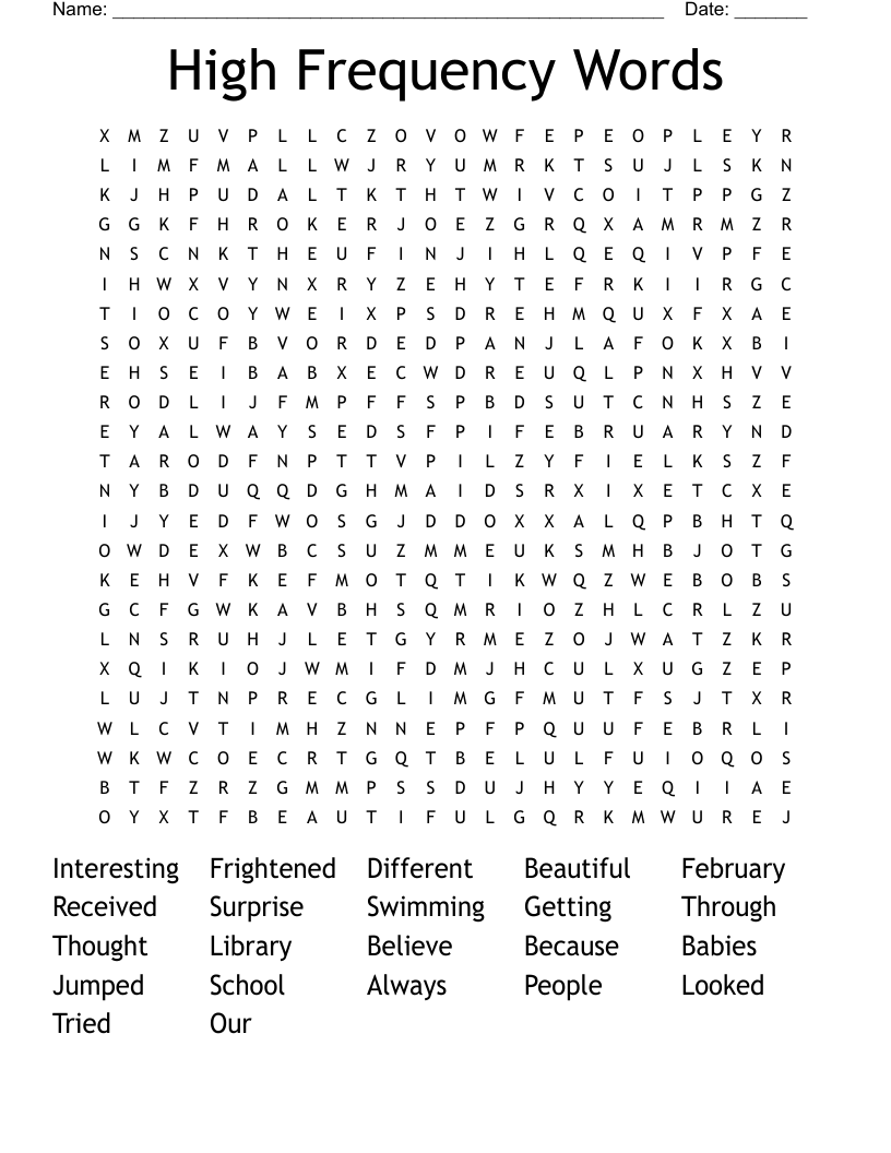 High Frequency Words Word Search