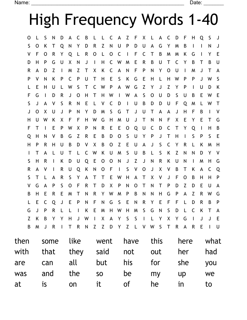 High Frequency Words 1-40 Word Search