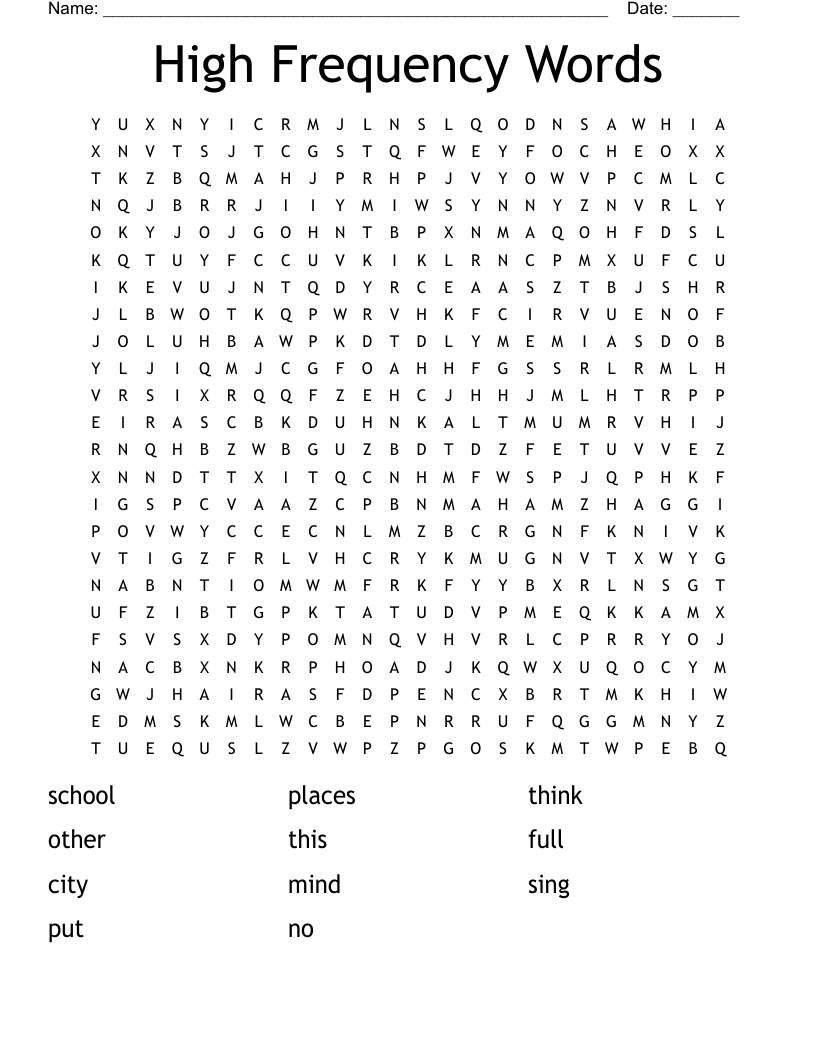 High Frequency Words Word Search