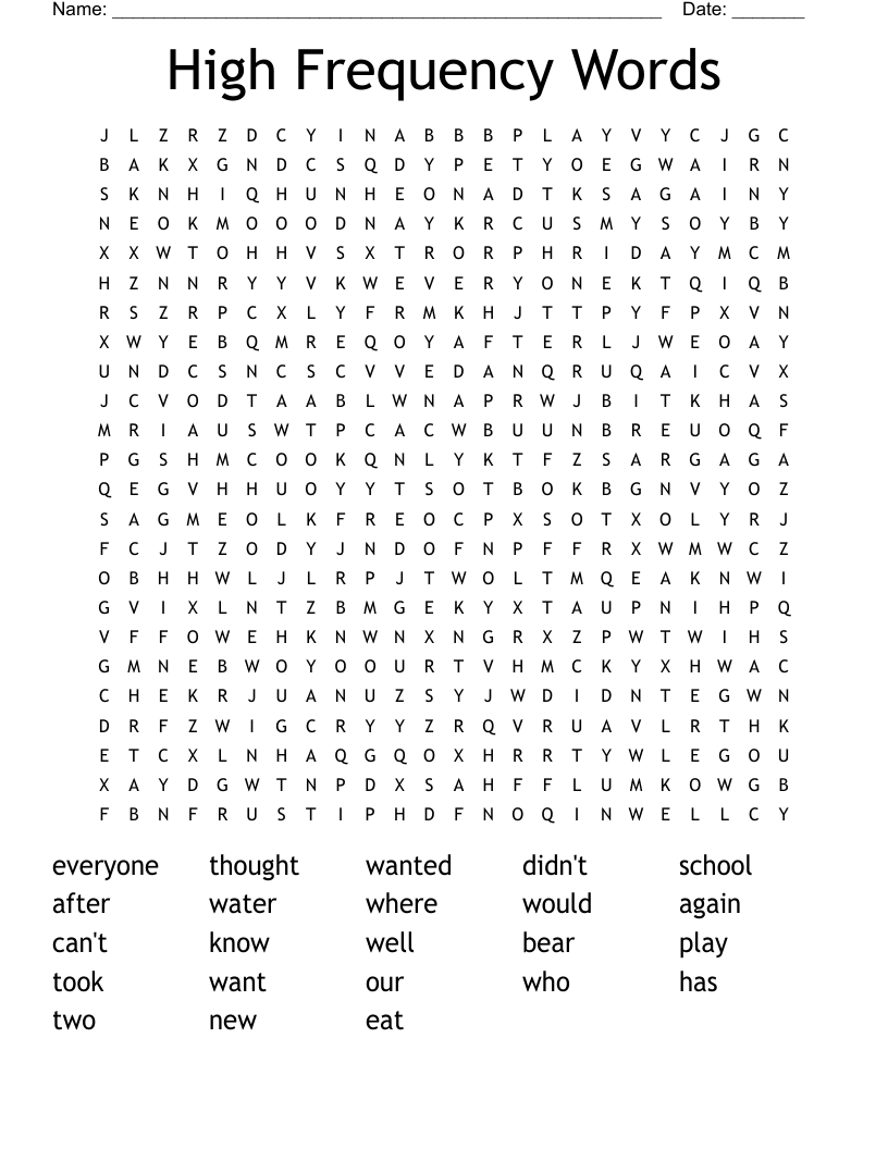 High Frequency Words Word Search