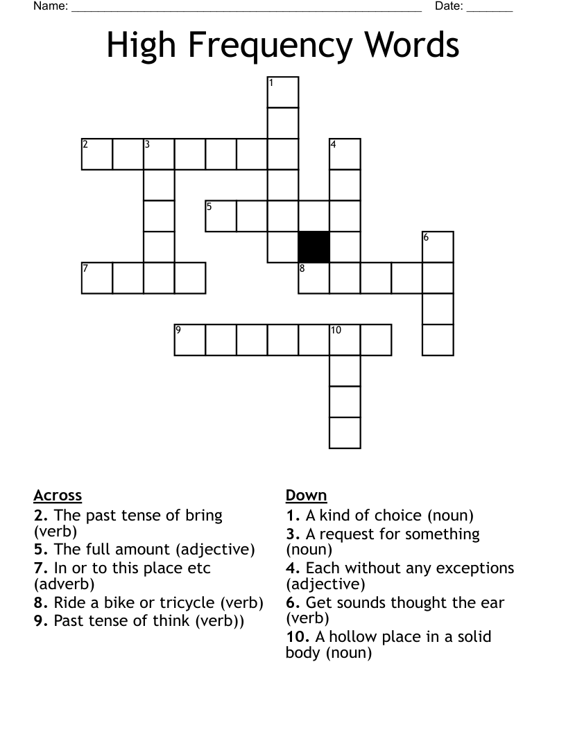 High Frequency Words Crossword