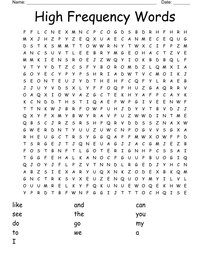 High Frequency Words Word Search
