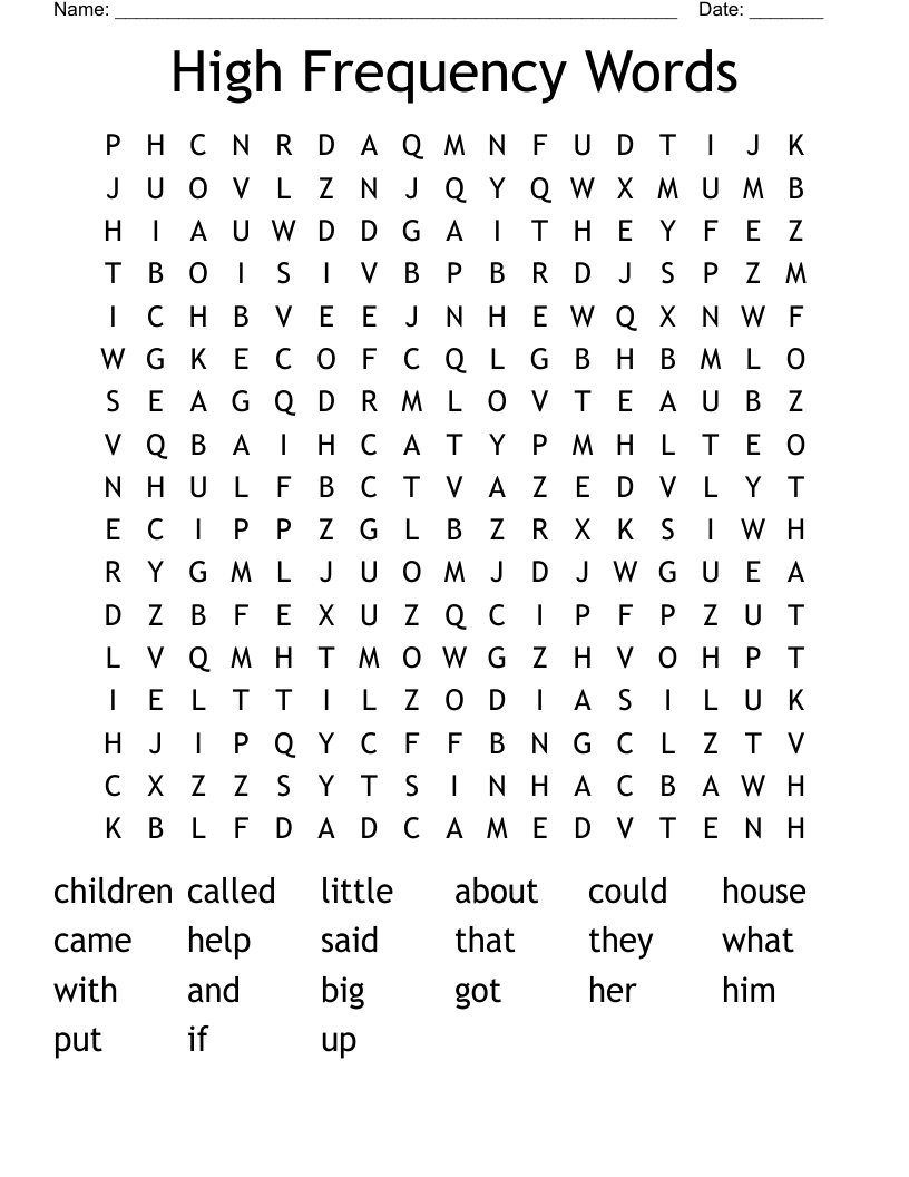 High Frequency Words Word Search
