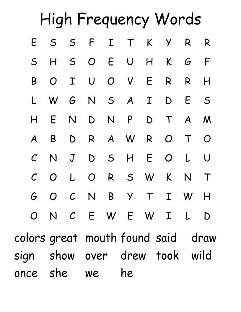 High Frequency Words Word Search
